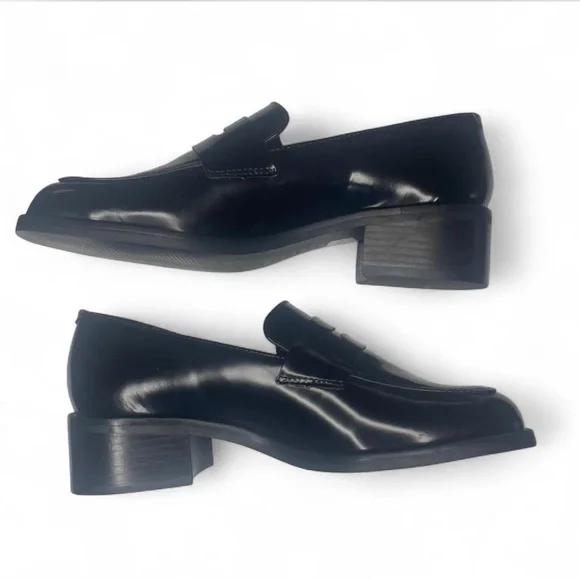 Maeve Anthropologie Square Toe Leather Penny Loafer Heels Black - Sz. 5-5.5 - Picture 5 of 8